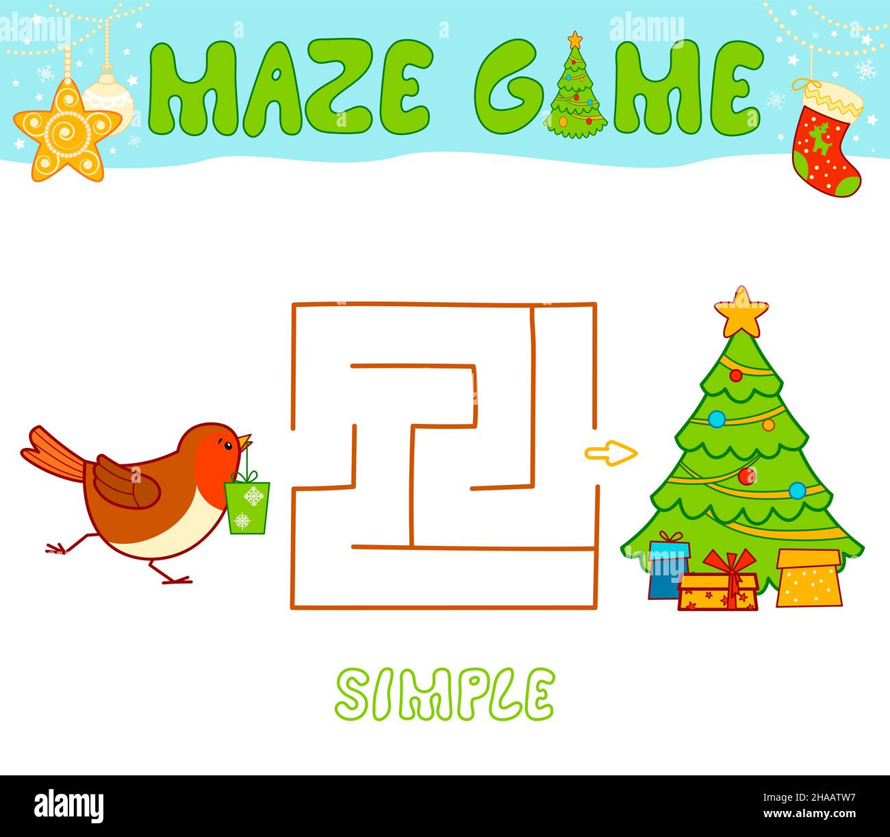 Christmas Maze Puzzle-Spiel für Kinder. Einfaches Labyrinth oder Labyrinth-Spiel mit Christmas Bird. Stock Vektor