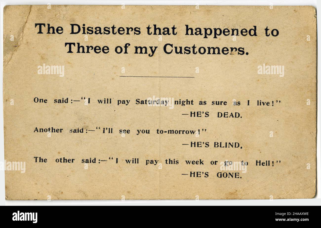 Vintage-Postkarte, die Kunden Kredit verweigert, Datum unbekannt Stockfoto