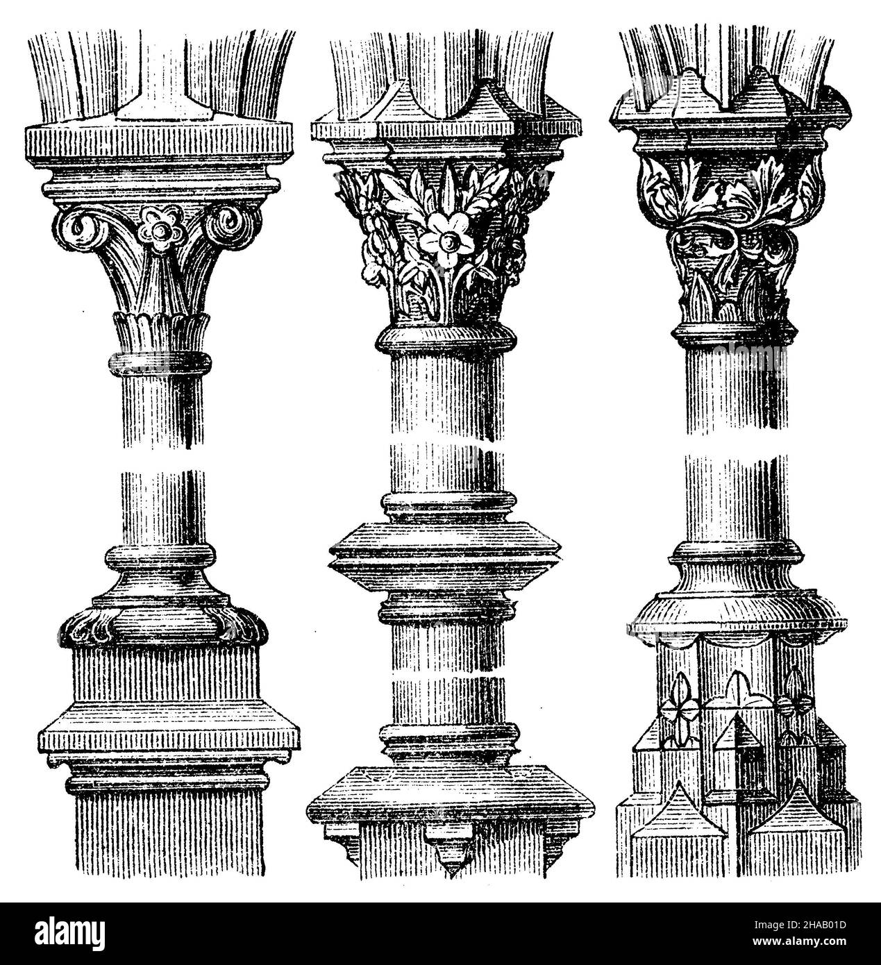 Säule aus Trebisch (links). Kolumne aus Kolin. Zu Fuß von Tischnowitz (Zentrum). Kolumne aus Meißen (rechts)., , (Architekturgeschichte Stockfoto