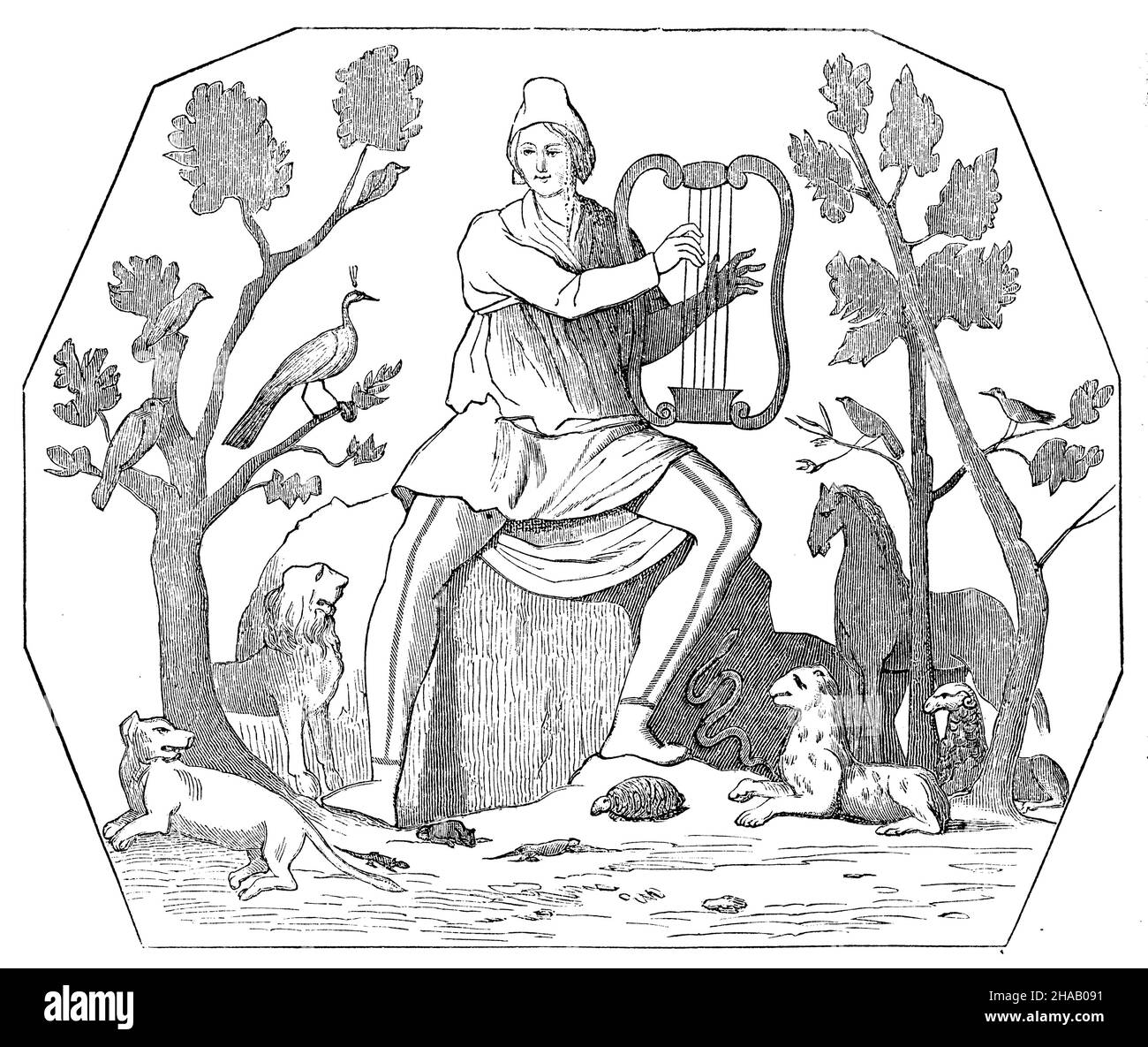 Symbolische Malerei aus den Katakomben von Domitilla (1st oder 2nd Jahrhundert): Christus dargestellt unter dem Bild des orfeus, ähnlich, was Clemens von Alexandria zeigt ihn als den göttlichen Sänger, der, größer als der orfeus, zähmte die wildesten Tiere, die Menschen., , (Kirchengeschichte Buch, 1881), Symbolisches Gemälde aus den Katakomben der Domitilla (1. Oder 2. Jahrh ): Christus unter dem Bild des Wapheus dargestellt, ähnlich wie ihn auch Klemens von Alexandria schildert als den göttlichen Sänger, der, grösser als Wapheus, die wilden Tiere, die Menschen gezähmt. Stockfoto