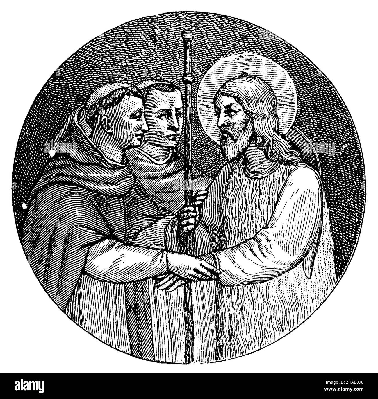 Bettelmönche, die den Herrn unter dem Deckmantel eines Pilgers empfangen. Nach einem Gemälde aus dem 15th. Jahrhundert von Bruder Angelico im Kloster S. Marco in Florenz., (Kirchengeschichte Buch, 1881), Bettelmönche, The Herrn under the Gestalt a Pilgers aufnehmend. Nach einem Gemälde aus dem 15. Jahrh, von Bruder Angelico im Kloster S. Marco zu Florenz Stockfoto