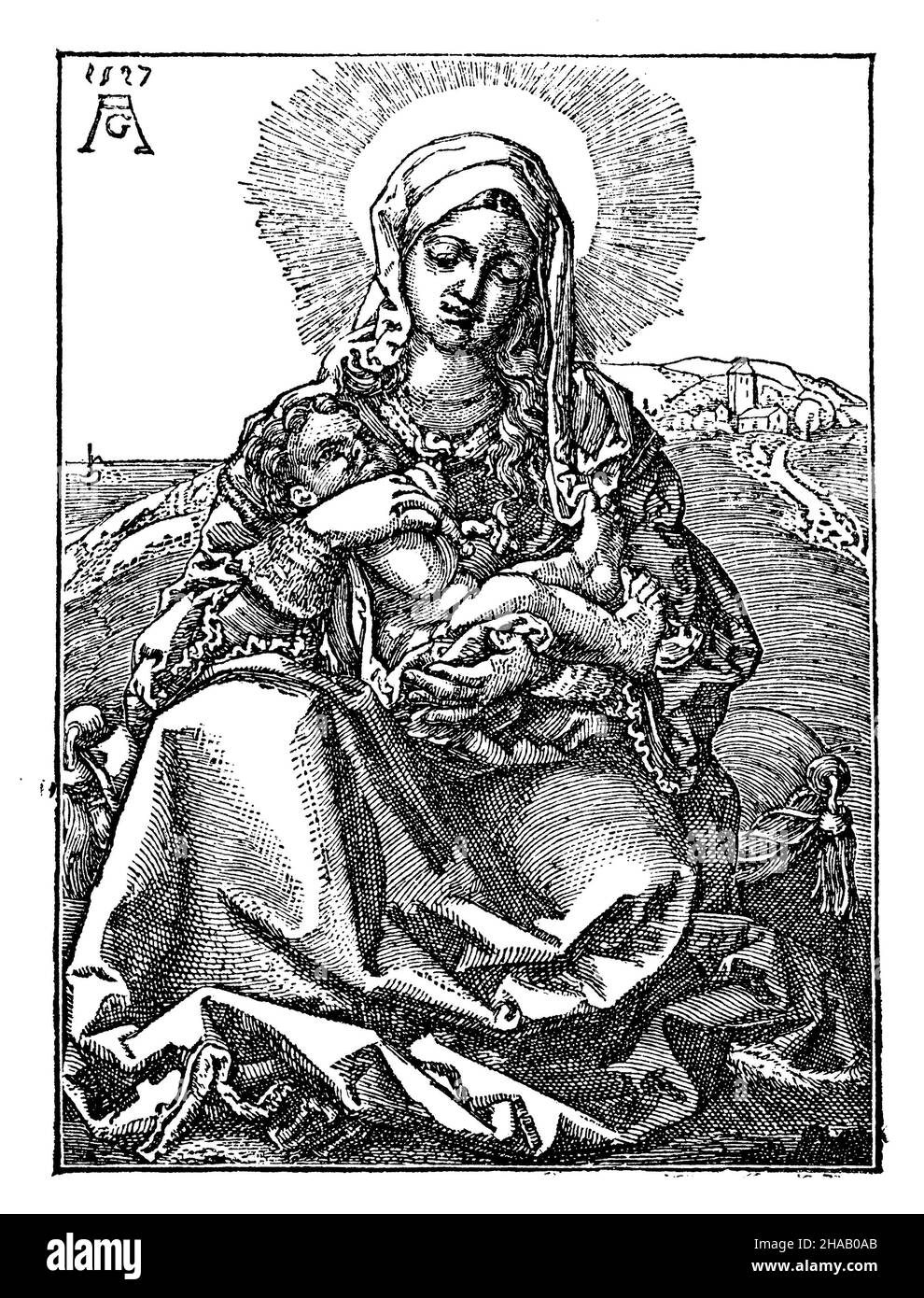 Maria mit dem Kind (nach einem Stich von Heinrich Aldegrever von Soest 1502-1562), , Heinrich Aldegrever (Kirchengeschichte, 1881), Maria mit dem Kinde (nach einem Kupferstiche Heinrich Aldegrevers von Soest 1502-1562) Stockfoto