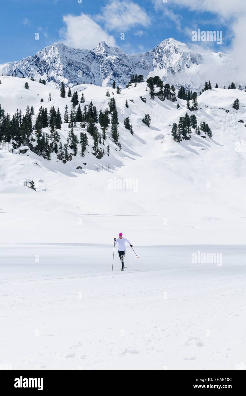 Junge weibliche Skifahrer während Training auf Langlaufskiern, klassischen Stil im hochalpinen Region Stockfoto