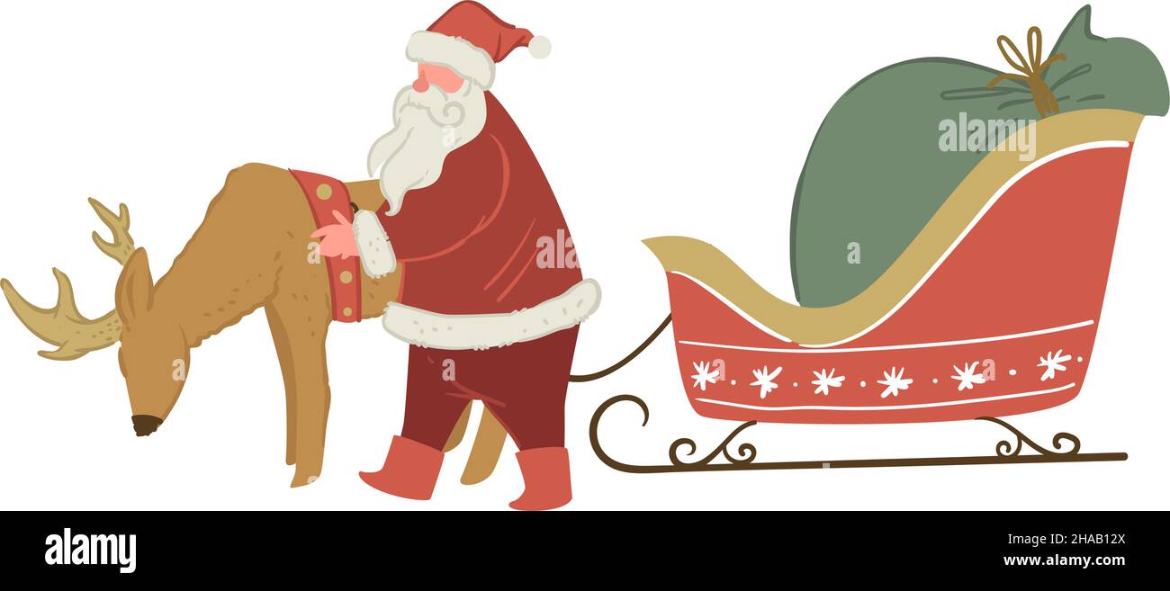 Weihnachtsmann mit Hirsch und Schlitten voller Geschenke Stock Vektor