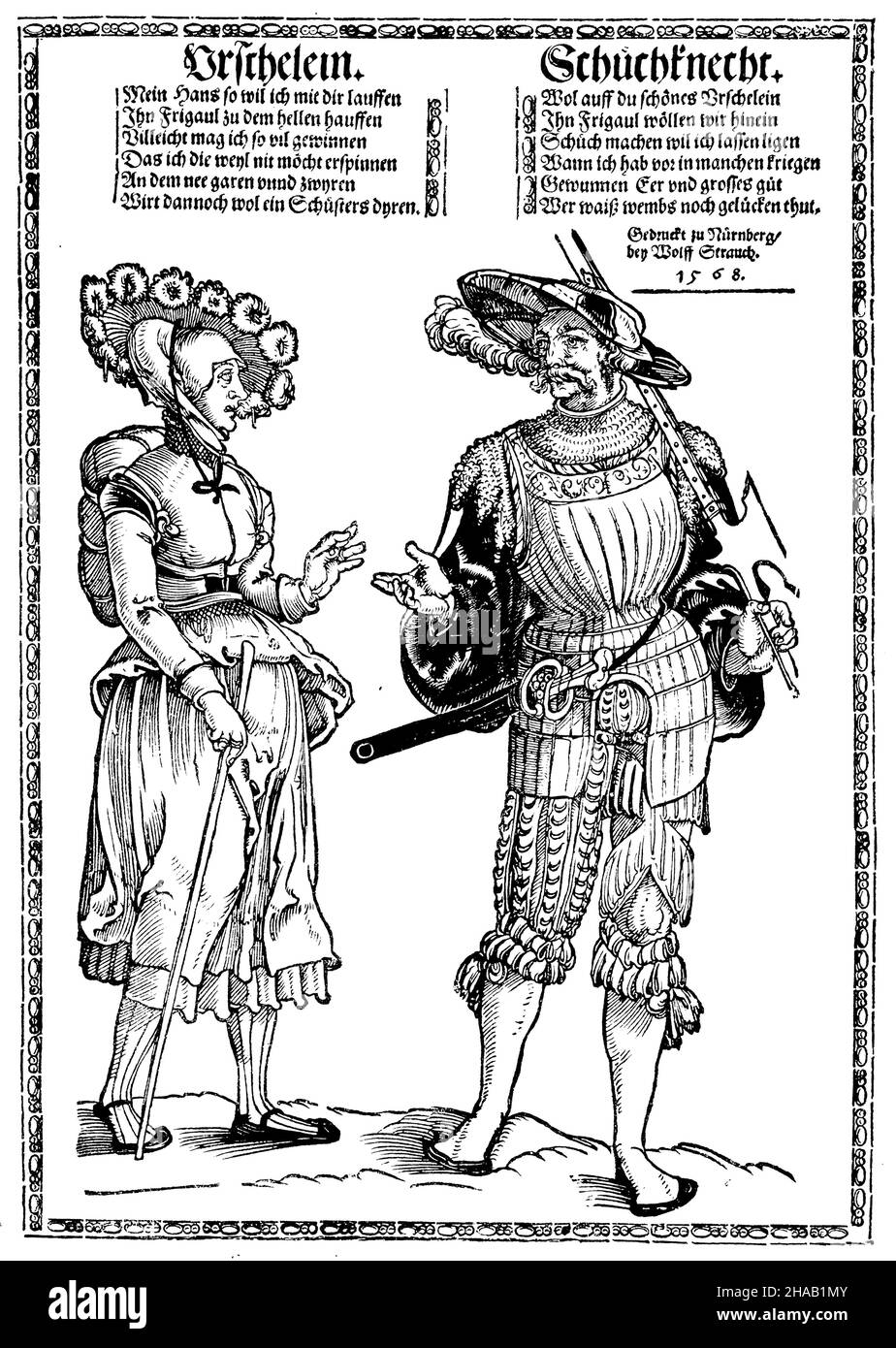 Faksimile einer Broschüre von 1568 über den Handwerker, der seinen Beruf verlässt, um als Lansquenet in den Krieg zu ziehen. Holzschnitt von Peter Flötner, , Peter Flötner (Kulturgeschichtliches Buch, 1893), Faksimile eines Flugblattes vom Jahre 1568 auf den Handwerkern, der seine Profession lädt, um als Landsknecht in den Krieg zu ziehen. Holzschnitt von Peter Flötner Stockfoto
