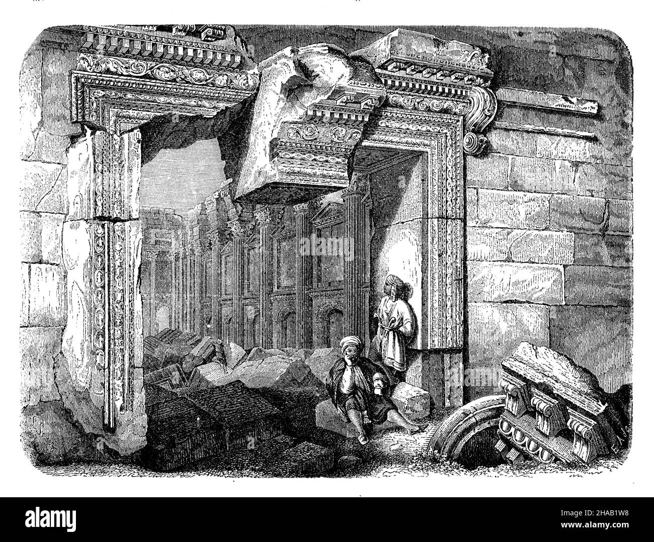Ruinen des Sonnentempels in Baalbek, , (Religionsgeschichte, 1885), Ruinen des Sonnentempels in Baalbek Stockfoto