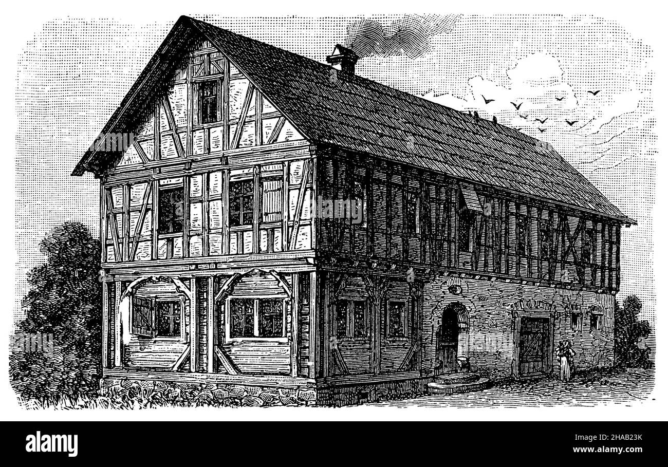 Fränkisch-thüringischer Bauernhof, (Enzyklopädie, 1898), Fränkisch-thüringisches Bauernhaus Stockfoto