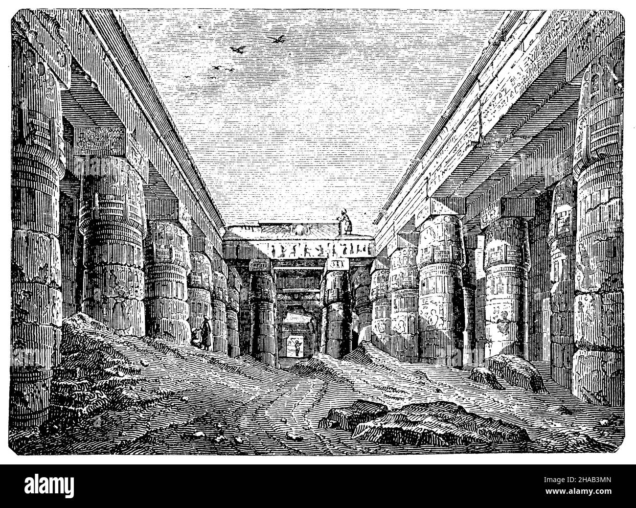 Tempel von Chunsu (Chons) in Karnak. (Vorplatz), , (kulturhistorisches Buch, 1892), Tempel des Chunsu (Chons) zu Karnak. (Vorhof), Temple de Chunsu (Chons) à Karnak. (Parvis) Stockfoto