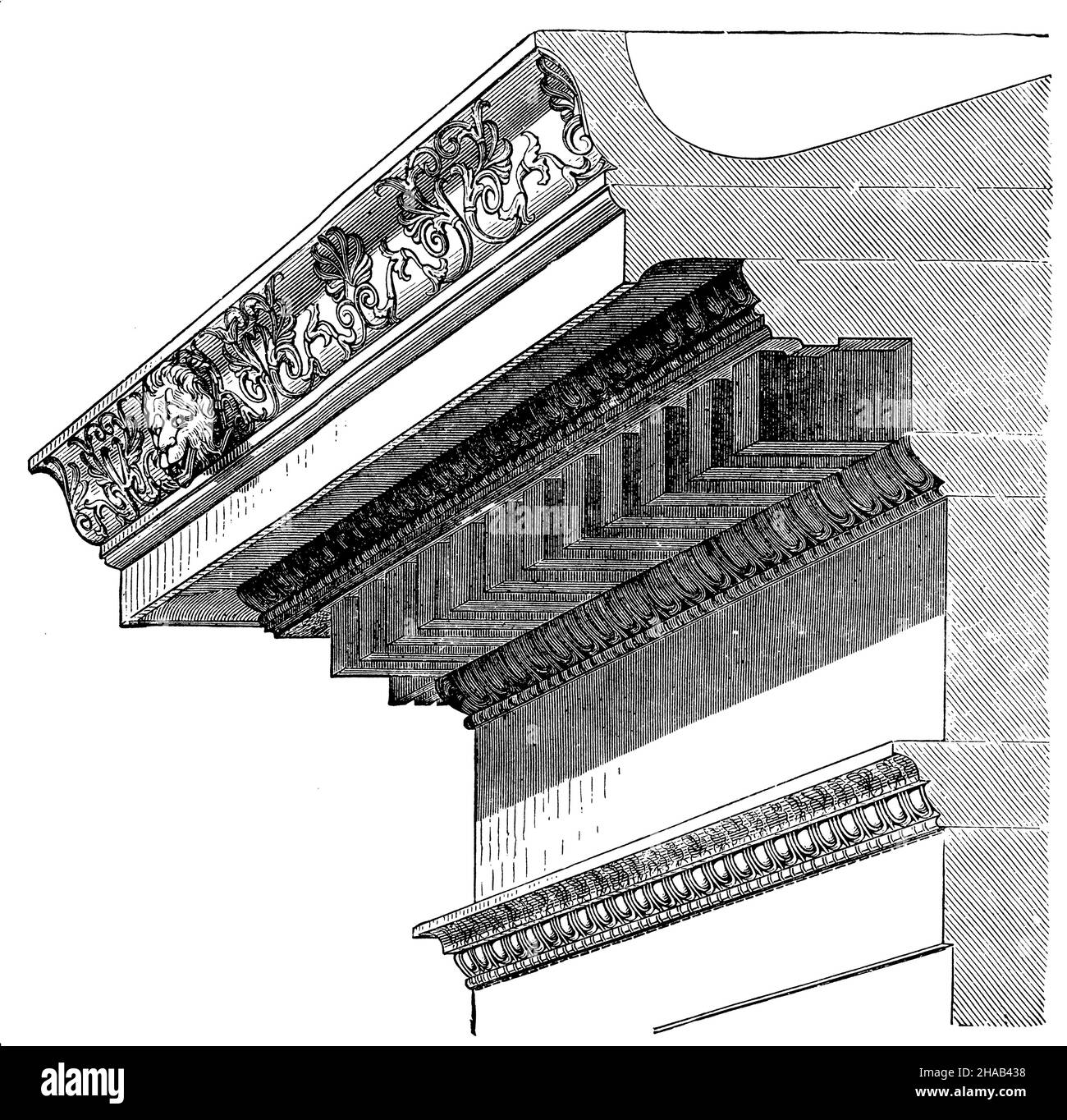 Entablatur des ionischen Tempels. Tempel der Athene in Priene, , (Kulturgeschichte Buch, 1892), Gebälk des ionischen Tempels. Athenetempel zu Priene, Charpente du Temple ionique. Temple d’Athéna à Priène Stockfoto