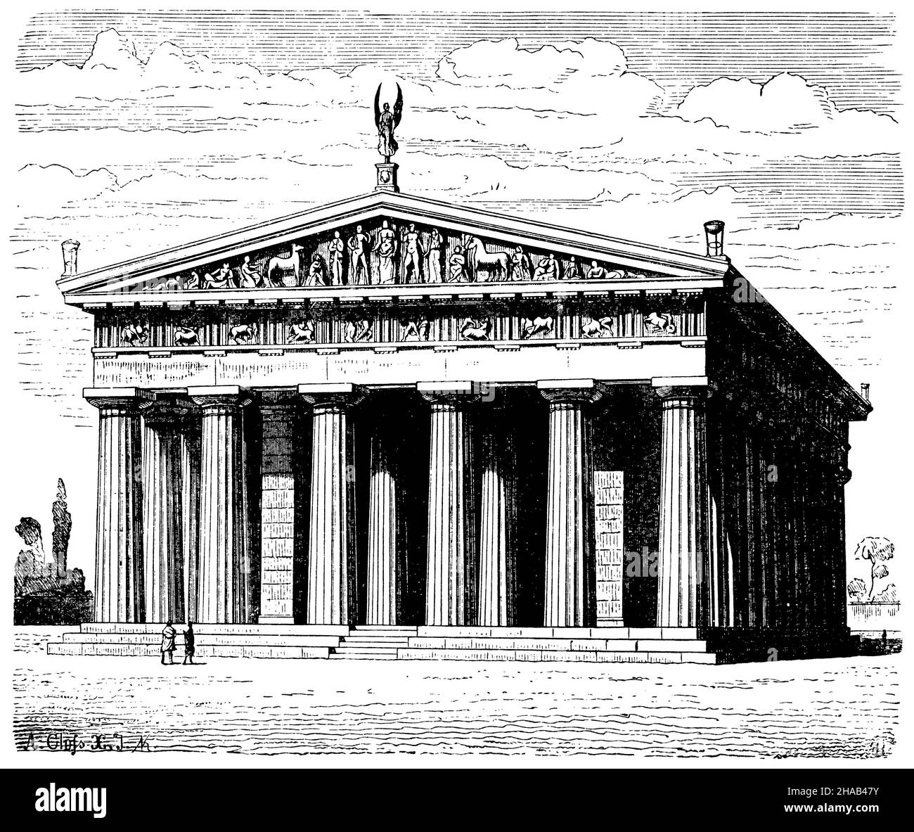 Tempel des Zeus in Olympia. Restaurierte Ansicht, A. Cloß (Kulturgeschichtliches Buch, 1892), Zeustempel zu Olympia. Renovierte Ansicht, Temple de Zeus à Olympie. Vue Restaurant Stockfoto