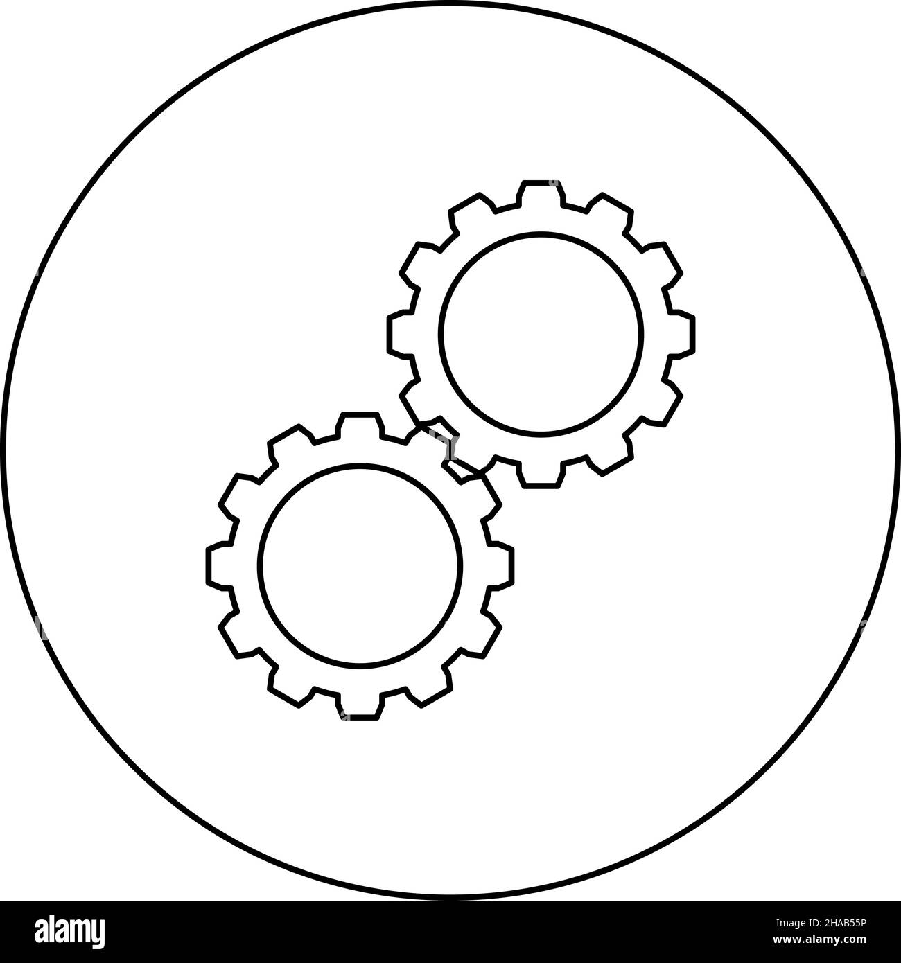 Zahnrad mit zwei Gängen Zahnräder Satz Zahnräder verbunden in Arbeitsmechanismus Symbol im Kreis Runde schwarze Farbe Vektor Illustration Bild umreißen Konturlinie Stock Vektor