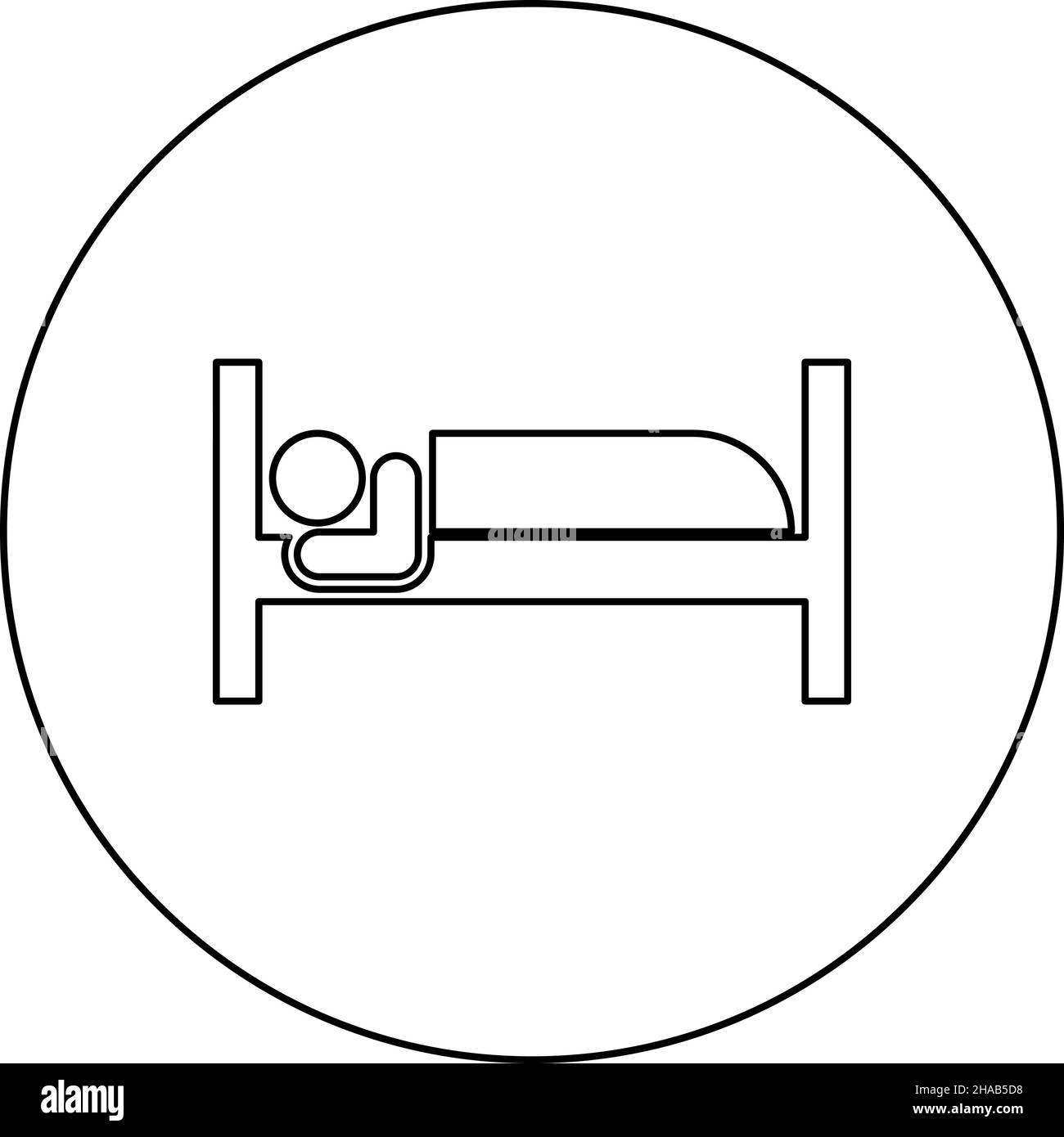 Mann liegt auf Bett schlafen Konzept Hotel Zeichen Symbol im Kreis rund schwarz Farbe Vektor Illustration Bild Umriss Kontur Linie dünn Stil einfach Stock Vektor