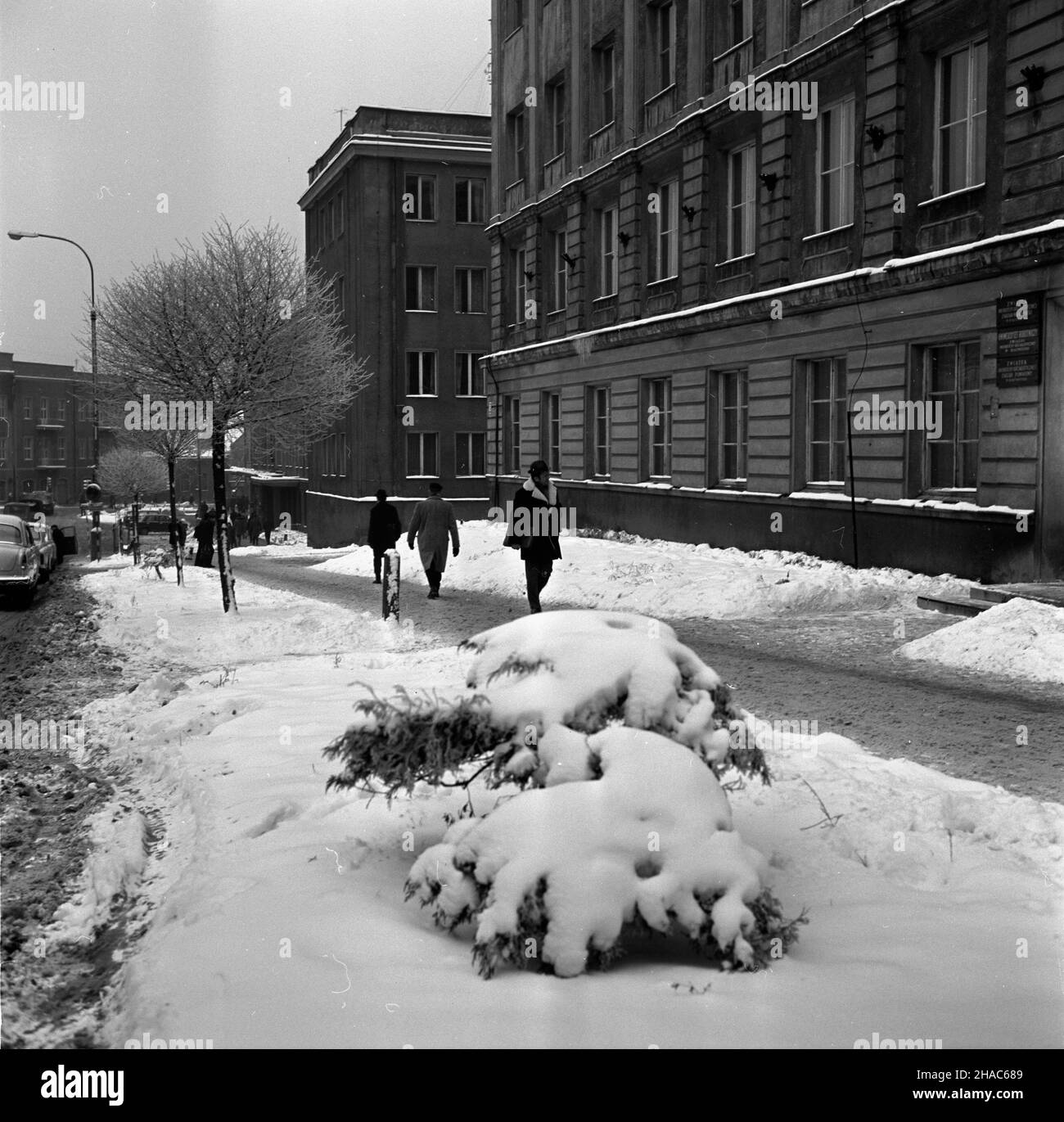 Bia³ystok, 1969-12-03. Po obfitych opadach œniegu, ulice i chodniki œródmieœcia s¹ systematycznie odœnie¿ane, a œnieg jest pryzmowany. NZ. Ulica Lipowa w zimowej szacie. mta PAP/Roman Sieñko Bialystok, 3. Dezember 1969. Nach einem starken Schneefall wird im Stadtzentrum systematisch Schnee von den Straßen und Straßen entfernt. Im Bild: Verschneite Lipowa Straße. mta PAP/Roman Sienko Stockfoto