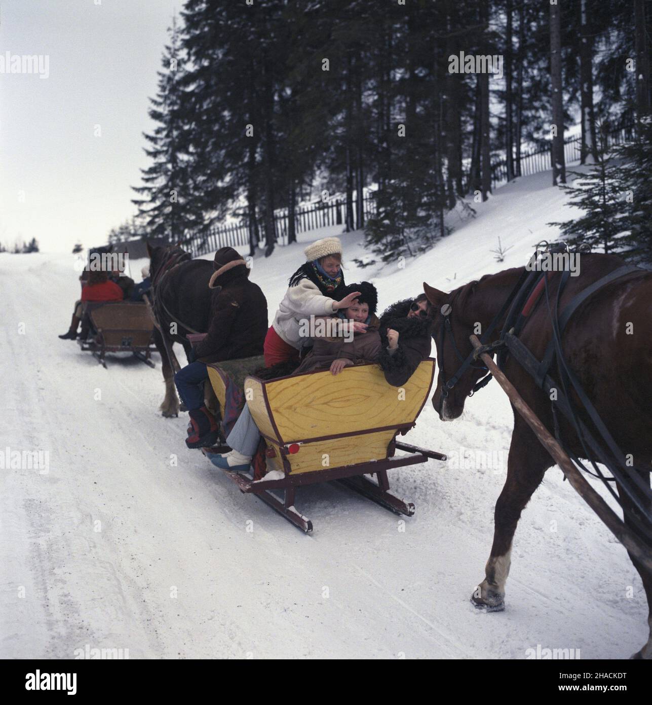 Zakopane 02,1987. Kulig - atrakcja dla dzieci i turystów. ka PAP/Jan Morek Dok³adny dzieñ wydarzenia nieustalony. Zakopane, Februar 1987. Eine Schlittenfahrt - eine Attraktion für Kinder und Touristen. ka PAP/Jan Morek Veranstaltungstag unbekannt Stockfoto