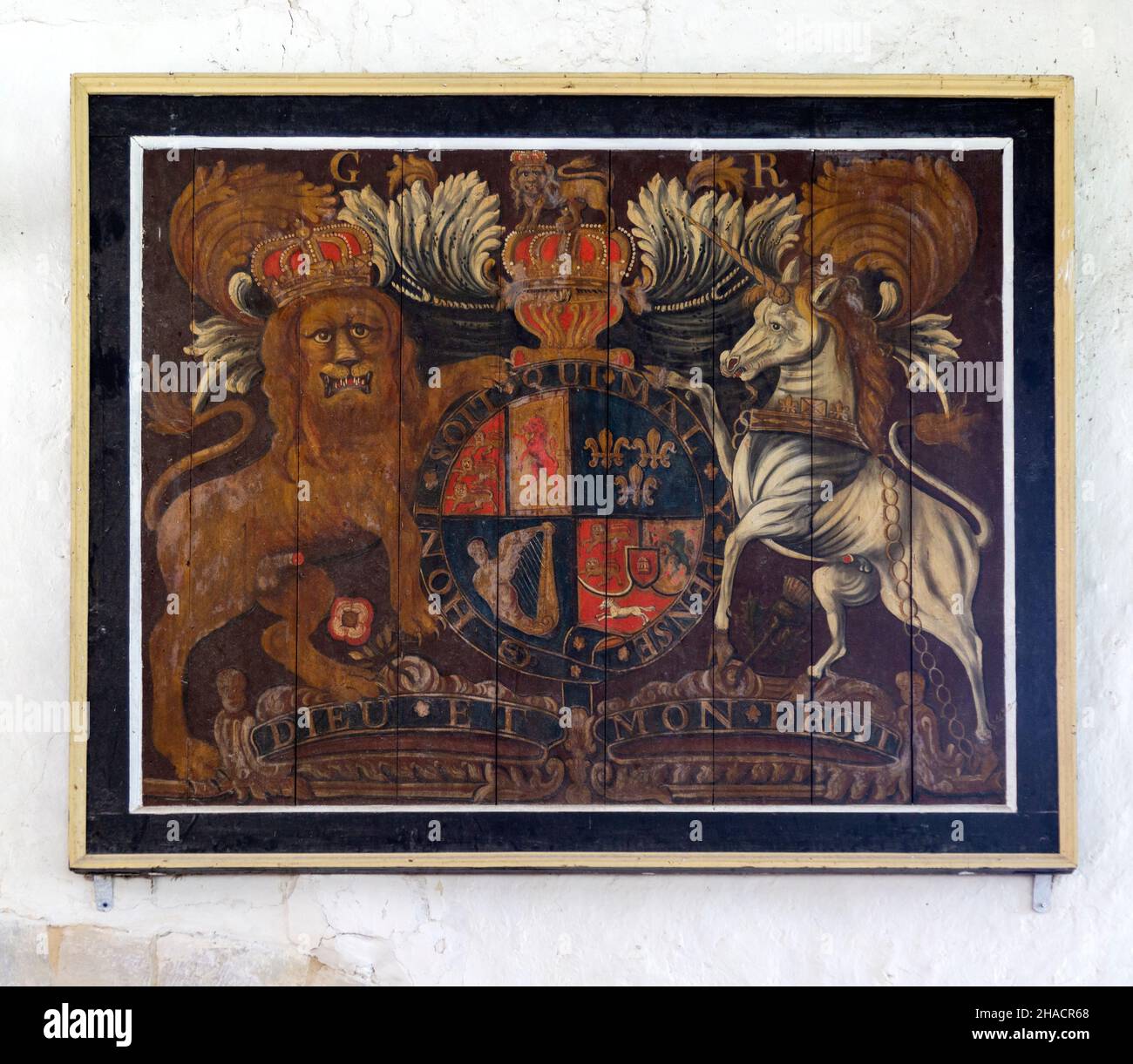 Hannoveraner Königswappen von König George III., Lindsey Kirche, Suffolk, England, Großbritannien Stockfoto
