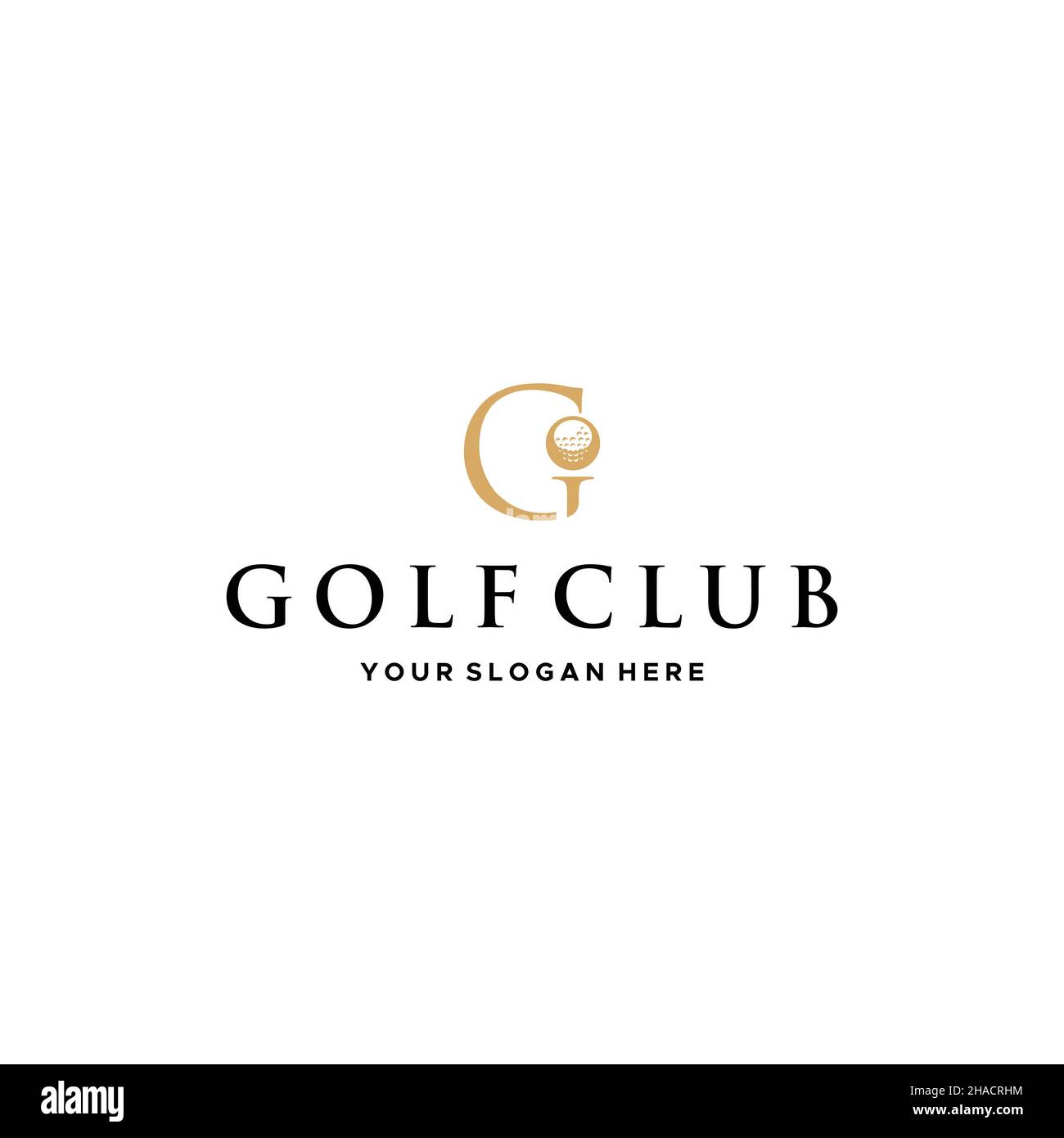 Flaches GOLFCLUB-Logo mit letzterem Zeichen und goldenem Ball Stock Vektor