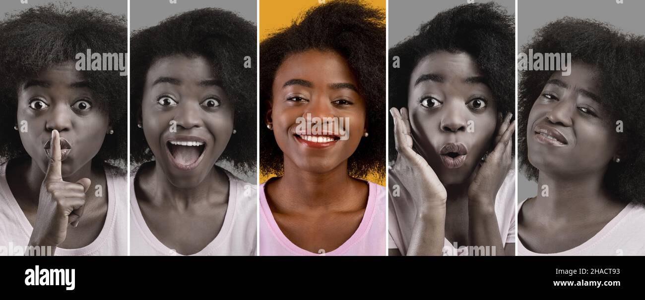 Die Stimmung schwankt tagsüber. Porträt einer jungen schwarzen Dame, die die Kamera anschaut, positive und negative Emotionen zeigt, Collage Stockfoto