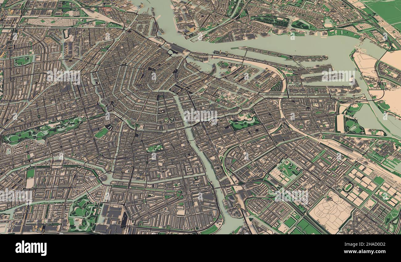 Satellitenansicht von Amsterdam, der Hauptstadt der Niederlande. Karte, Kanäle und Straßen. Paläste und Gebäude. 3D Rendern Stockfoto