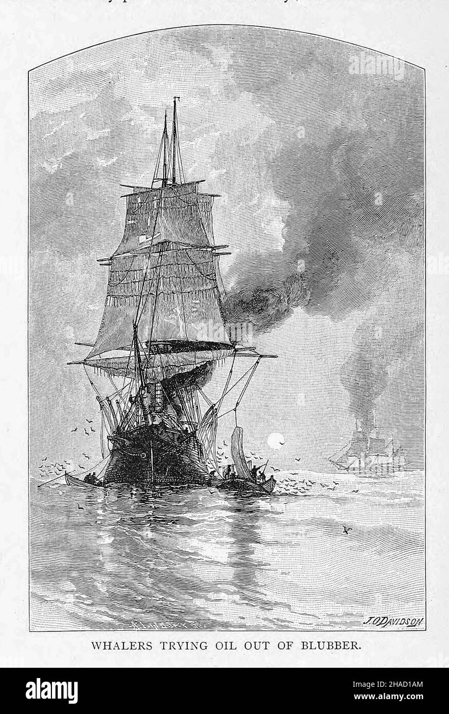 Walfänger versuchen Öl aus Blubber aus "The book of the Ocean" von Ernest Ingersoll, Erscheinungsdatum 1898 Herausgeber: New York, The Century co. Zu den Themen gehören der Ozean und seine Herkunft.-- Wellen, Gezeiten und Strömungen.--das Bauen und Takelieren von Schiffen.--frühe Reisen und Erkundungen.-- Geheimnisse, die aus dem gefrorenen Norden gewonnen wurden.--Kriegsschiffe und Seeschlachten.--die Händler des Meeres.--Räuber der Meere.--Yachting und Vergnügen-Bootfahren.--Gefahren der Tiefe.-- Fischerei und andere Marineindustrien.--die Pflanzen des Meeres und ihre Verwendungen.--Tierleben im Meer Stockfoto