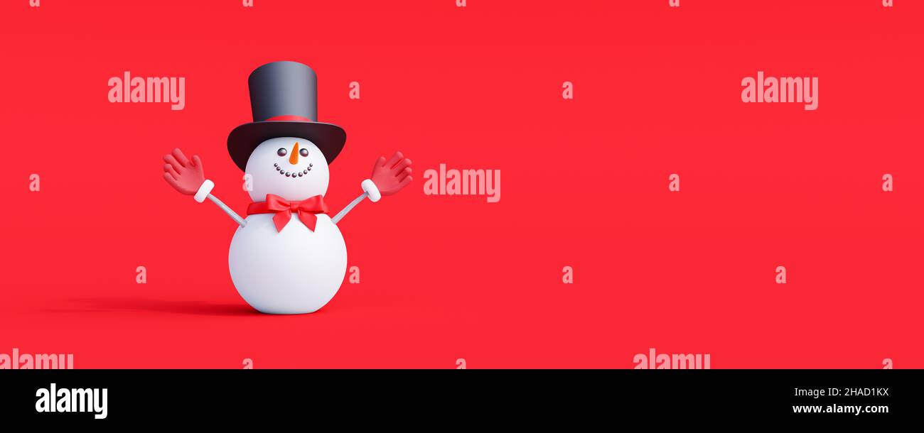 Schneemann niedlich 3D Zeichen auf rotem Hintergrund. Frohe Weihnachten und ein glückliches neues Jahr Konzept 3D Rendering 3D Illustration Stockfoto