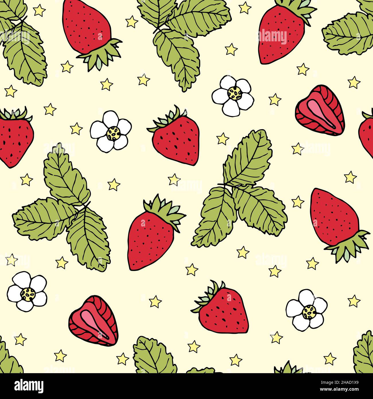 Nahtloses Muster aus Erdbeeren und Blumen Stock Vektor