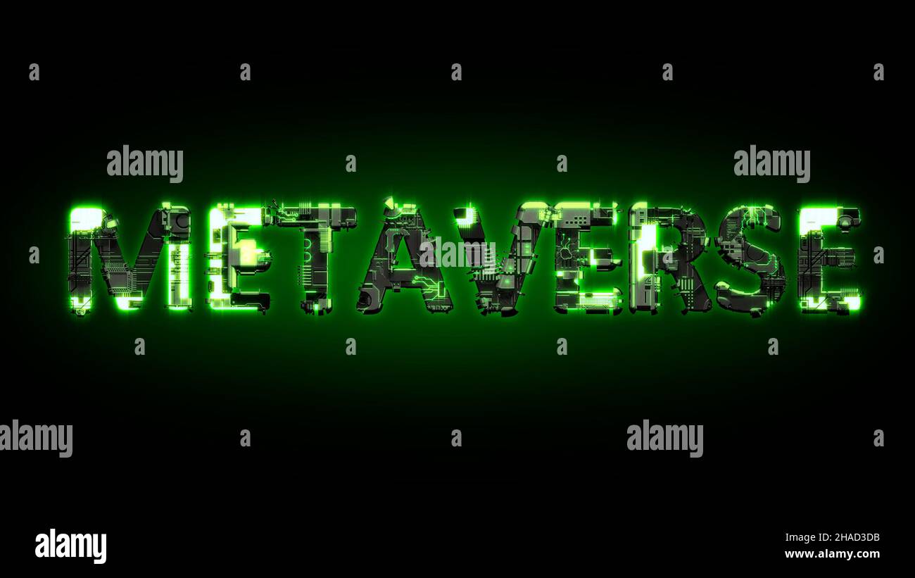 Metaverse Lighting dunkelgrüner Cyber-Text auf schwarzem, isoliertem - industrielles 3D-Rendering Stockfoto