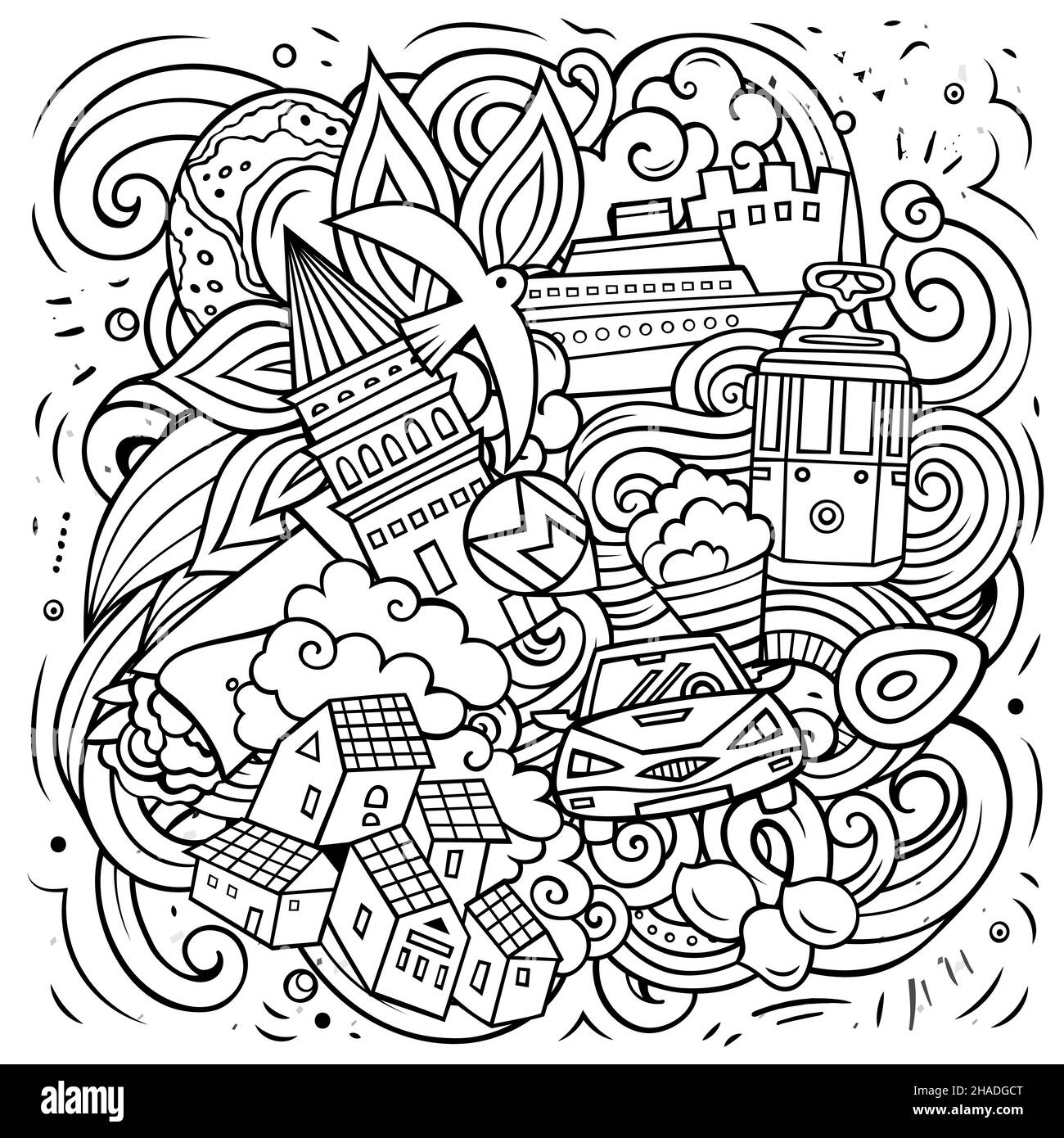 Istanbul Cartoon Vektor Doodle Illustration. Skizzenhafte, detailreiche Komposition mit vielen türkischen Objekten und Symbolen. Stock Vektor