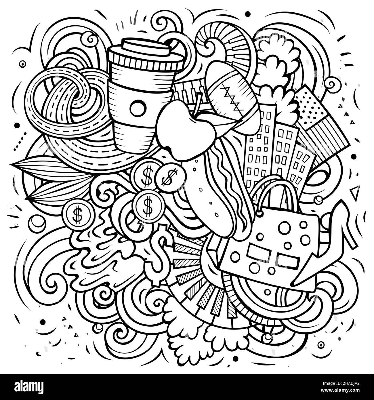 New York Cartoon Vektor Doodle Illustration. Skizzenhafte, detailreiche Komposition mit vielen Objekten und Symbolen aus den USA. Stock Vektor