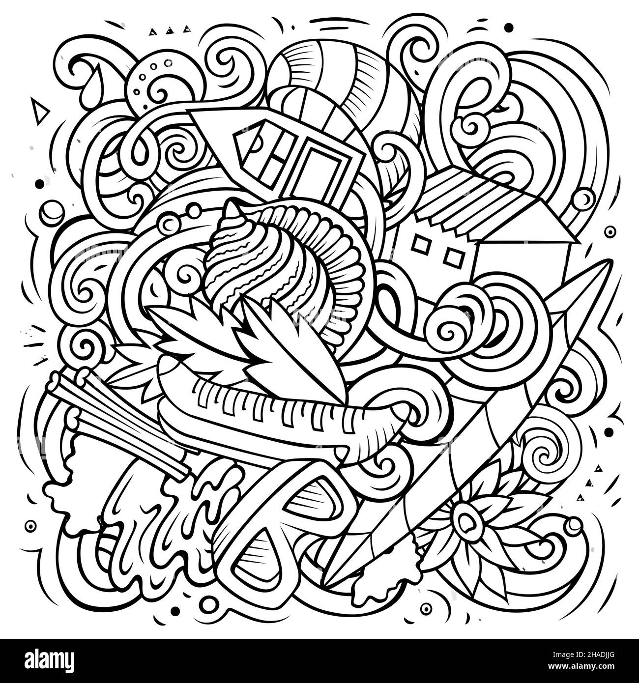 Seychellen Cartoon Vektor Doodle Illustration. Skizzenhafte detailreiche Komposition mit vielen exotischen Insel-Objekten und Symbolen. Stock Vektor