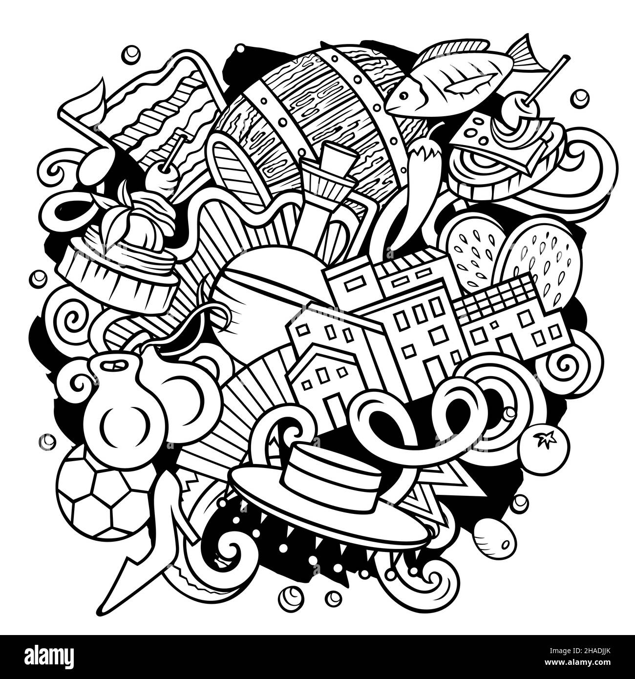 Spanien handgezeichnete Cartoon Doodle Illustration. Lustige spanische Elemente und Objekte Design. Kreative Kunst Vektor Hintergrund. Stock Vektor