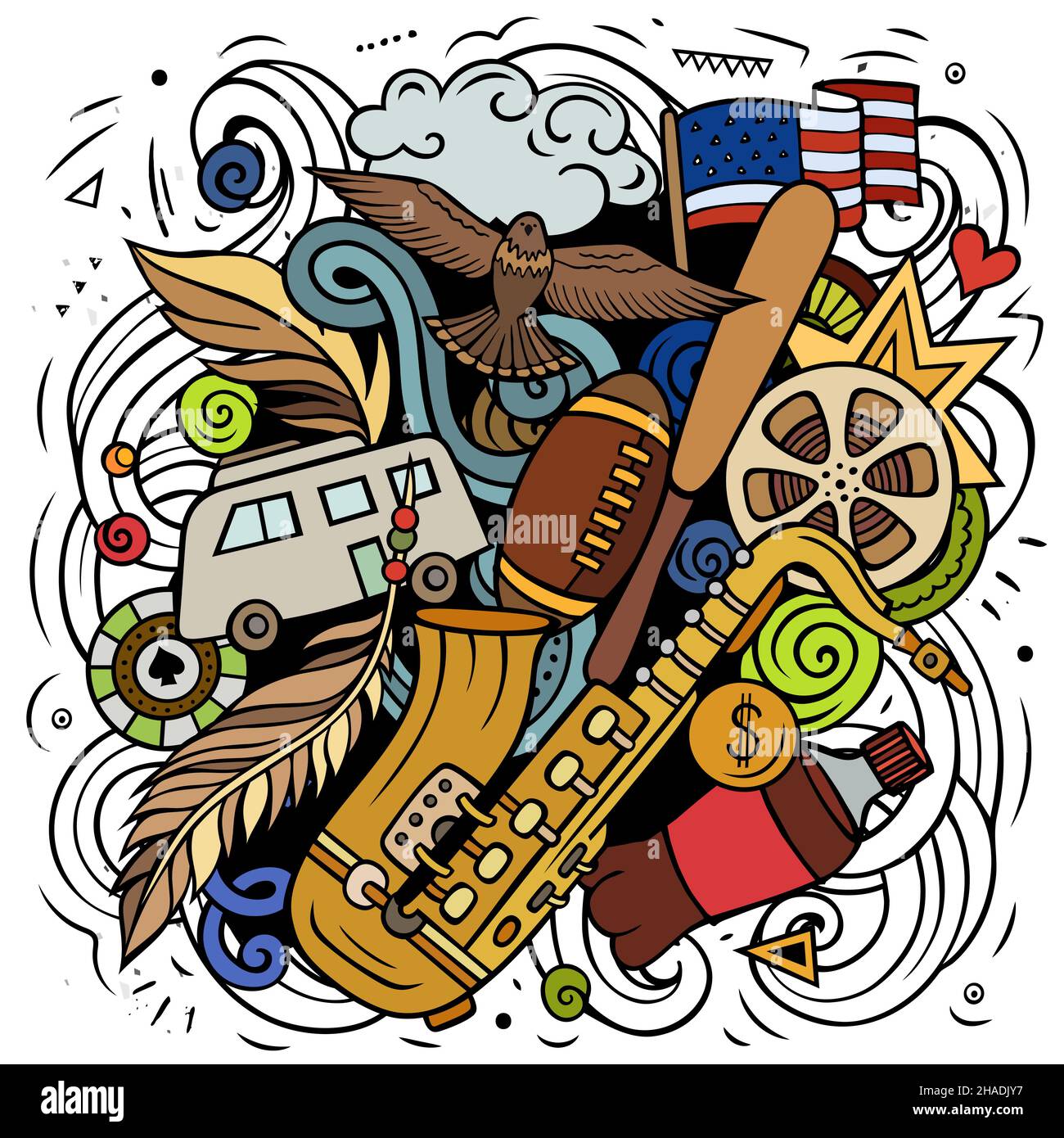 USA Cartoon Vektor Doodle Illustration. Farbenfrohe, detailreiche Komposition mit vielen amerikanischen Objekten und Symbolen Stock Vektor