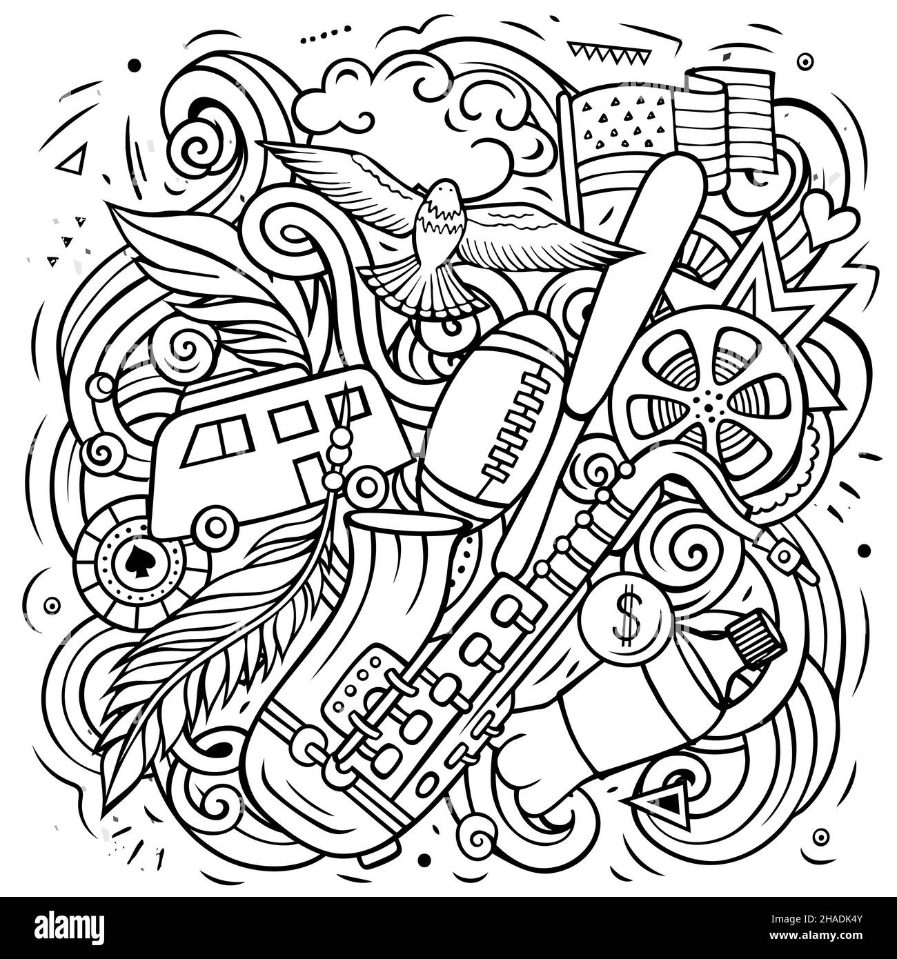 USA Cartoon Vektor Doodle Illustration. Skizzenhafte, detailreiche Komposition mit vielen amerikanischen Objekten und Symbolen Stock Vektor