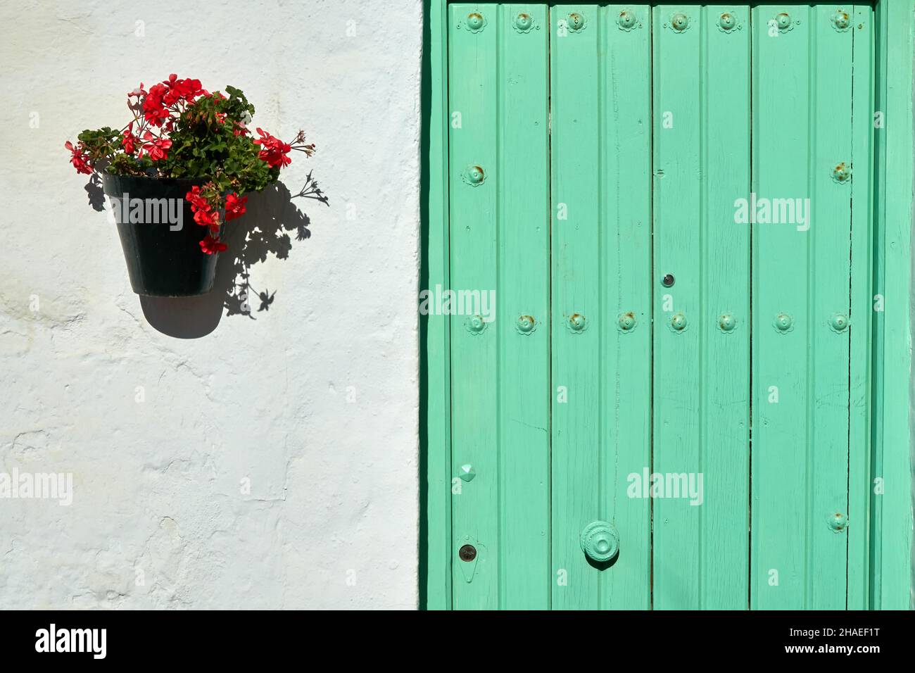 Grüne Holztür in einem andalusischen Haus mit einer weißen Fassade und einem Topf mit roten Blumen Stockfoto