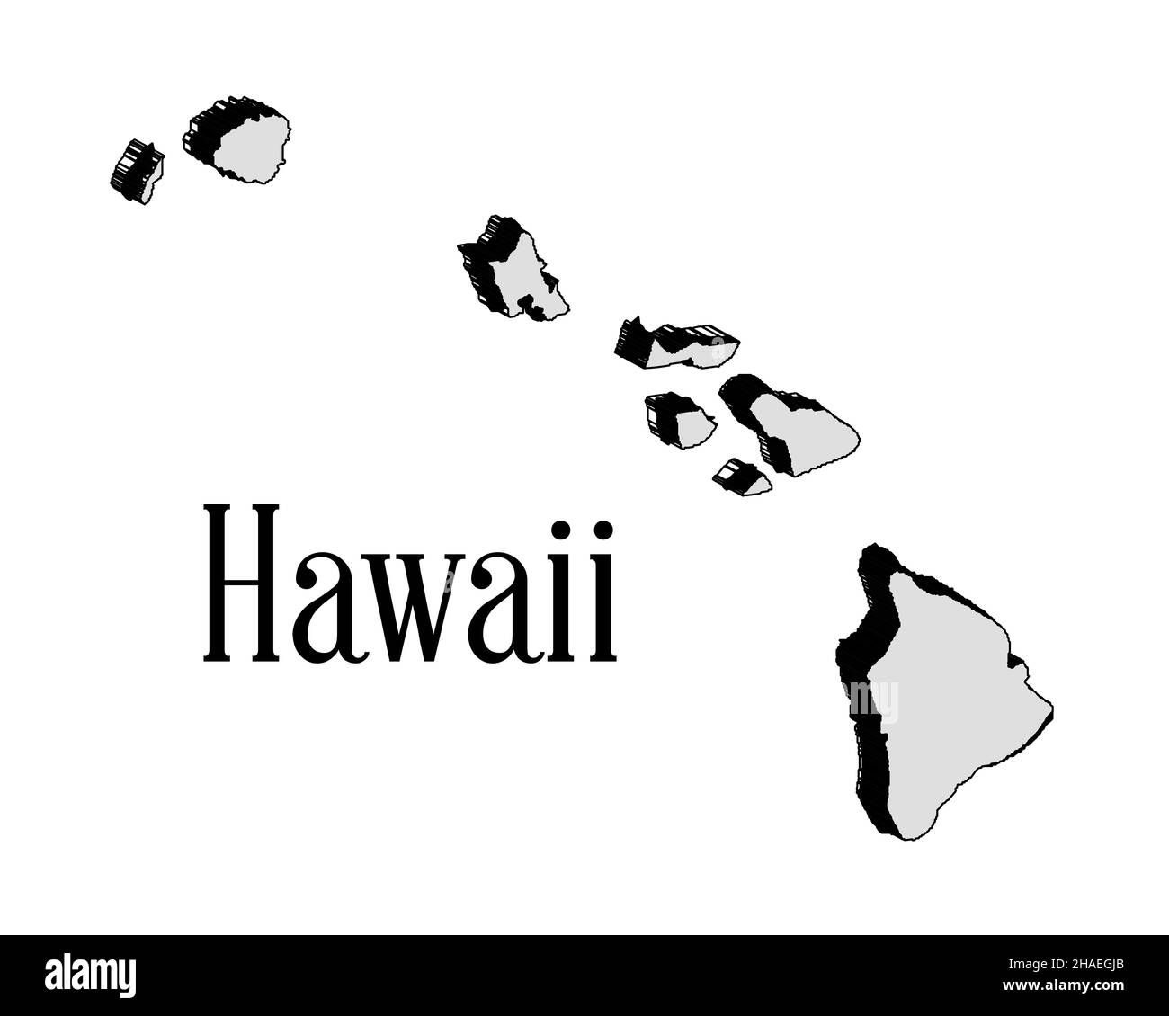 Skizzieren Sie 3D die Karte der Inseln von Hawaii auf einem weißen Hintergrund Stockfoto