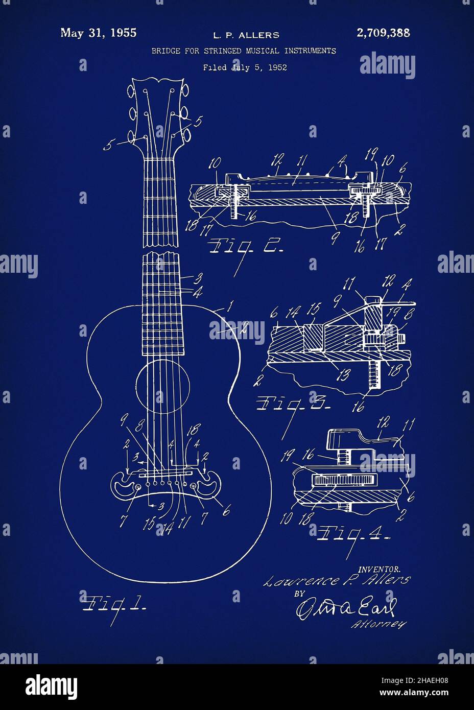 Dieses Patent wurde unter Verwendung des US-Patents erstellt #US 2.709.388 Gibson Guitar (Bridge for Saiting Musical Instruments) wurde 1952 von Lawrence P. patentiert Stockfoto