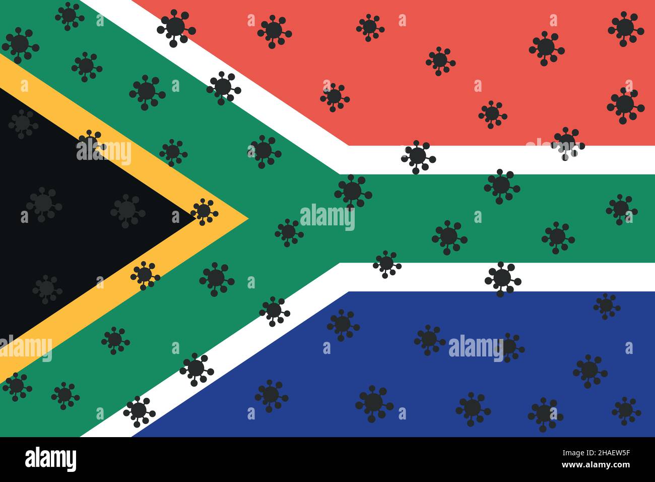 Abbildung von Viruszellen über Südafrika-Flag-Vektor-Abbildung. Covid Coronavirus-Warnmeldungsvariationskonzept Stockfoto