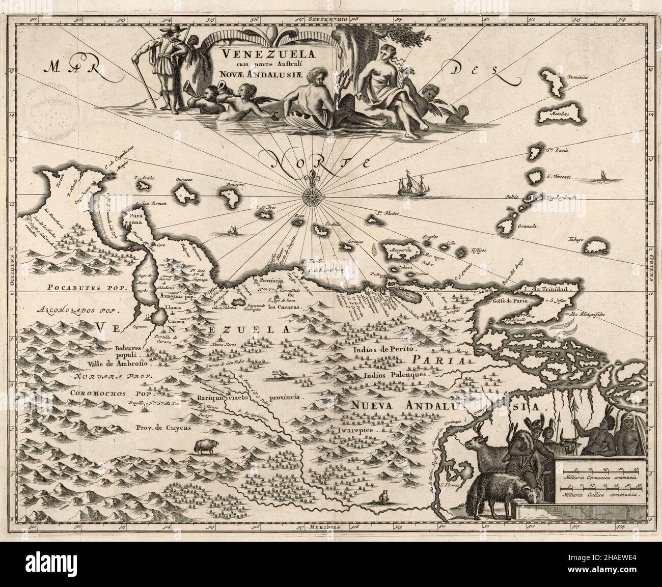 Illustrierte Karte Venezuelas aus dem 17. Jahrhundert mit dem südlichen Teil von Neu-Andalusien Ca, 1612 Stockfoto