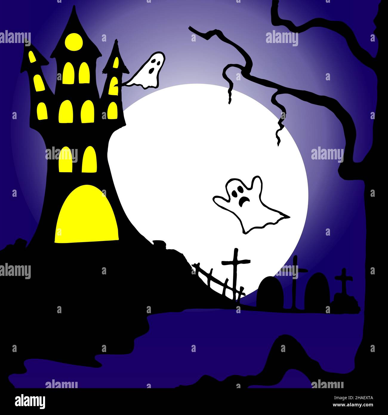 Feiertagsabbildung, halloween, marineblaue Karte mit Burg, Friedhof, Mond und Geistern Stockfoto