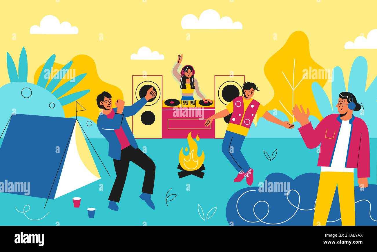 Open-Air-dj-Party. Electro-Musik Outdoor-Event, Camping-Park, getanzte und entspannte Öffentlichkeit, Techno-Festival, Menschen in der Natur, Sommer Urlaub Vektor Stock Vektor
