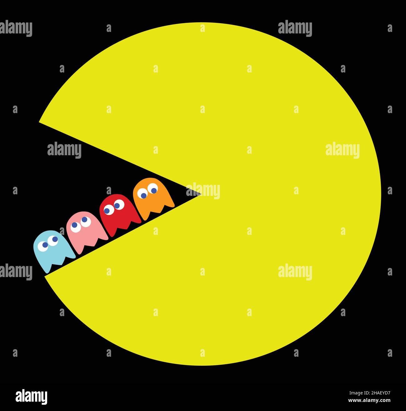 Vector Pac-man essen seine Feinde, Retro-Spiel Thema Illustration. Computerspiel mit Figuren auf schwarzem Hintergrund isoliert Stock Vektor