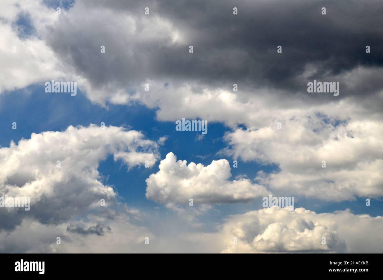 Schöne Wolken fliegen in den tiefblauen Sommerhimmel Hintergrund, weiß flauschig und dunkel regen Wolken Tapete Stockfoto