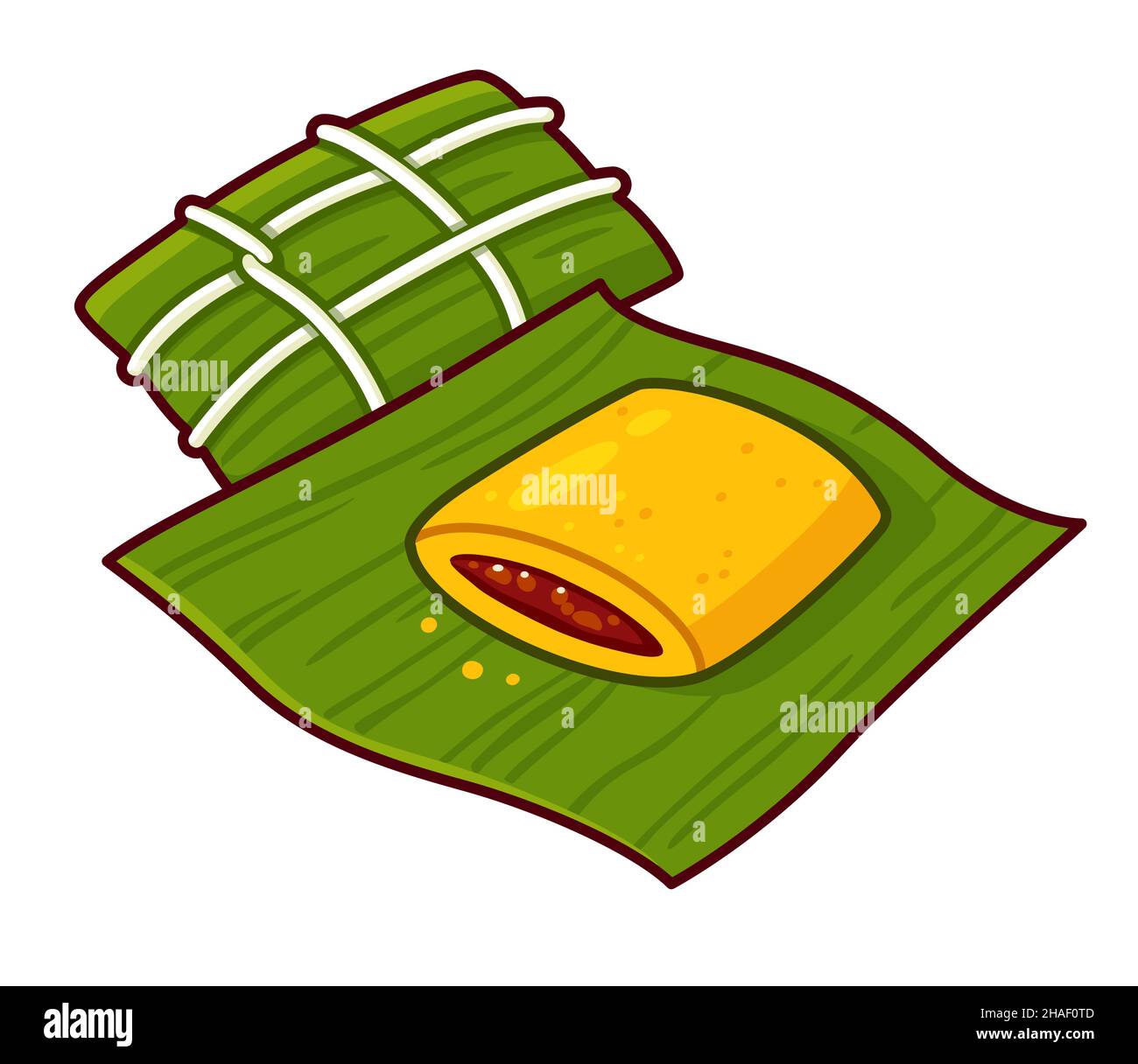 Hallaca, traditionelle venezolanische Maisamal, gefüllt mit Rindfleisch und in Blätter gewickelt. Cartoon-Zeichnung, isolierte Vektor Clip Art Illustration. Stock Vektor
