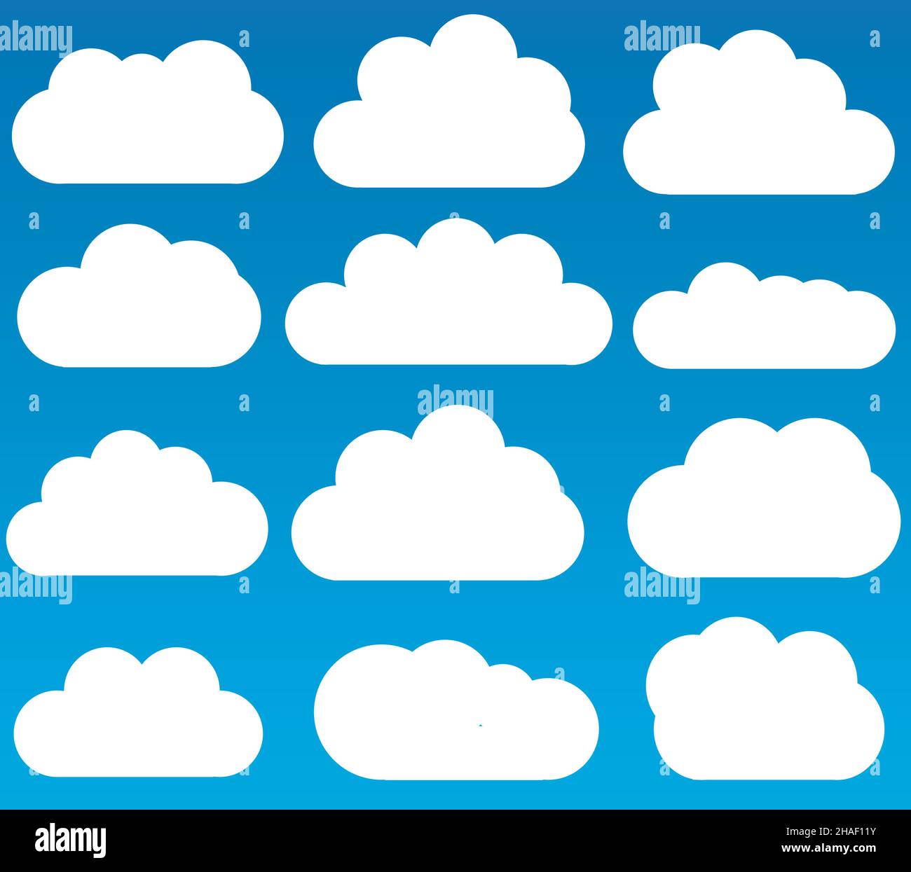 Wolken Vektorsymbole isoliert über blauem Verlaufshintergrund, Vektorwolken Formen gesetzt Stock Vektor