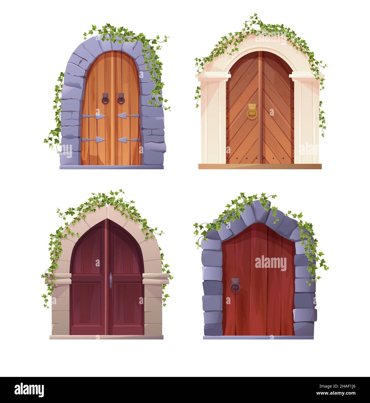 Antike mittelalterliche Holztür mit Bogen und Efeu-Pflanze. Eingang, Tor in einem Schloss, Kirche oder Haus. Stock Vektor
