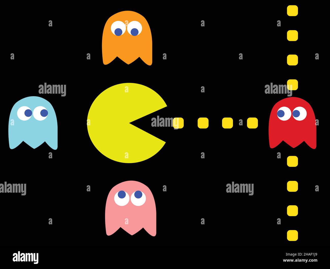 PAC-man-Vektorgrafik für Stau. Retro-Computerspiel mit Pac-man-, Pinky-, Blinky-, Inky- und Clyde-Charakteren Stock Vektor