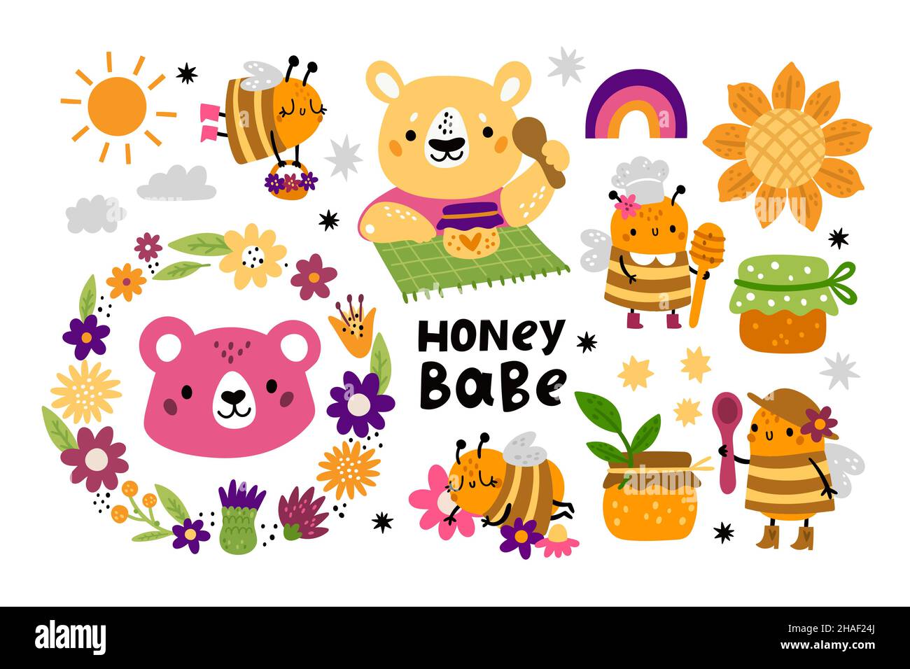 Niedliche Honigbienen. Kinder lustige Charaktere. Cartoon Tiere und Honigbienen. Fliegende Insekten. Bären mit Topf und Löffel. Natürliche süße Produkte. Blumen und Stock Vektor