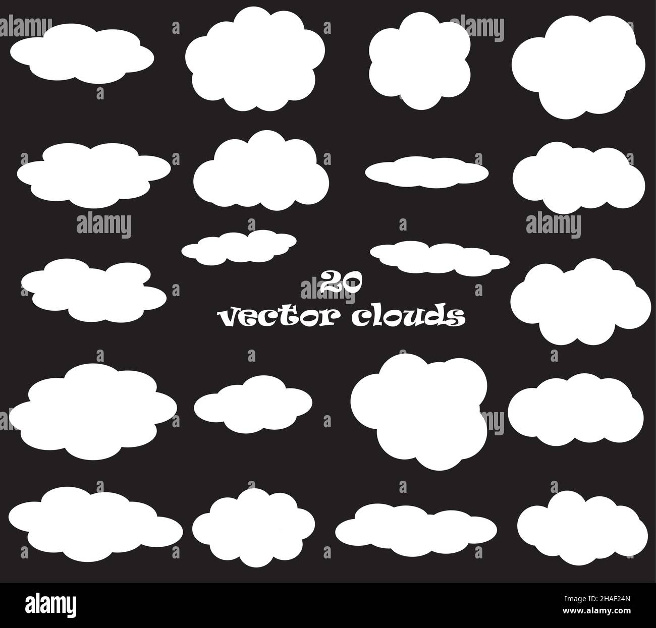 Wolkenvektor-Symbole isoliert auf schwarzem Hintergrund, weiße flauschige Vektorwolken gesetzt Stock Vektor