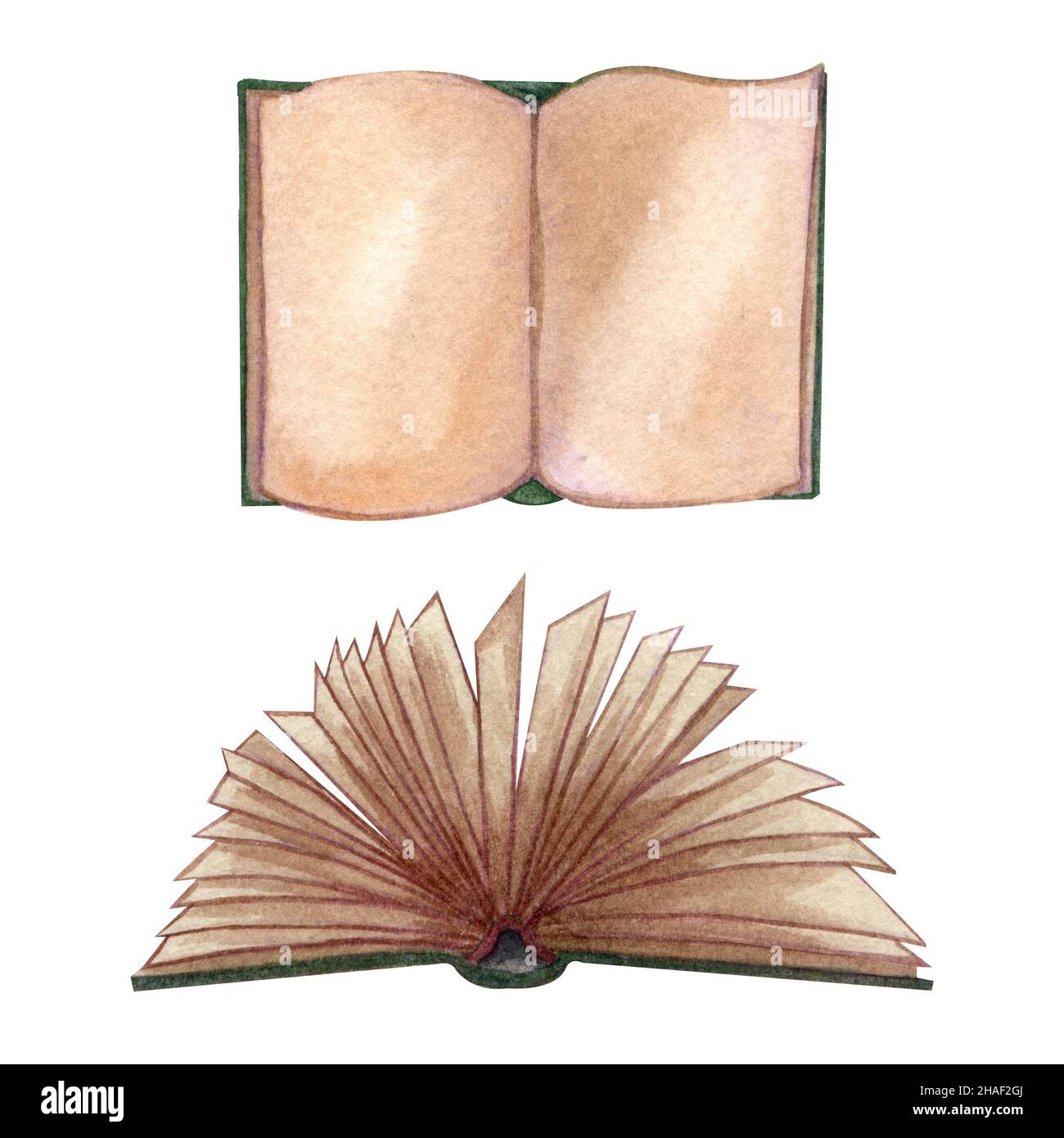 Aquarell-Set mit alten Büchern. Original handgezeichnete Illustration von alten Schulbüchern. Schuldesign. Altes Buch mit Blatt Papier öffnen. Stockfoto