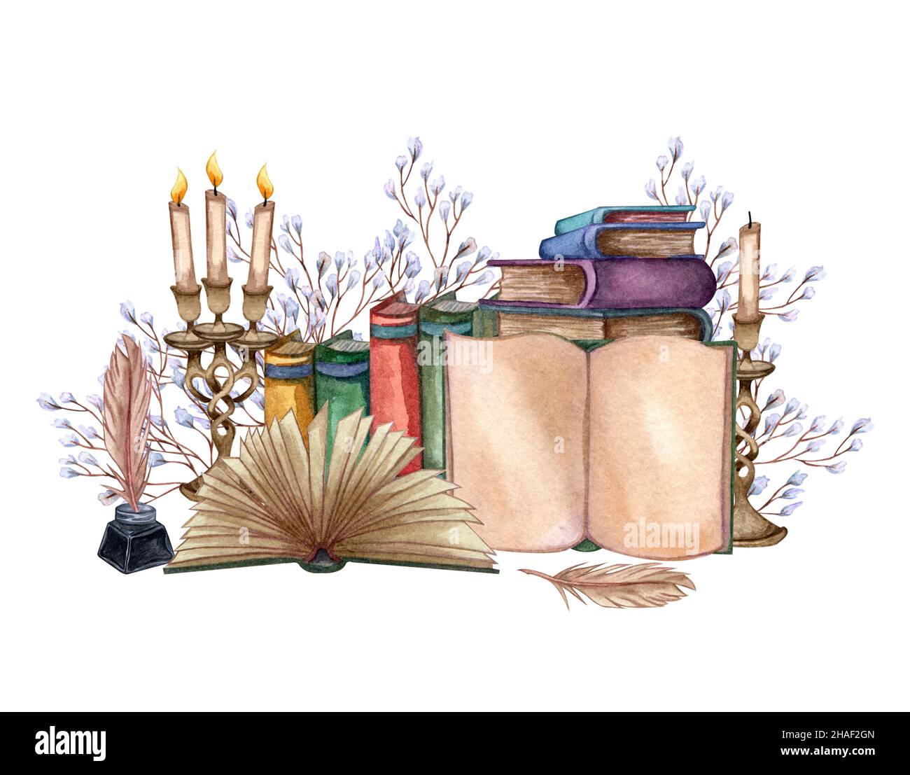 Handgezeichnete Aquarellillustration ein Stapel alter Bücher, Tintenflasche, Tintenfeder, Blumenzweig, offenes Buch, Seltenes Papier, Kerzen. Alte und seltene Bücher Stockfoto