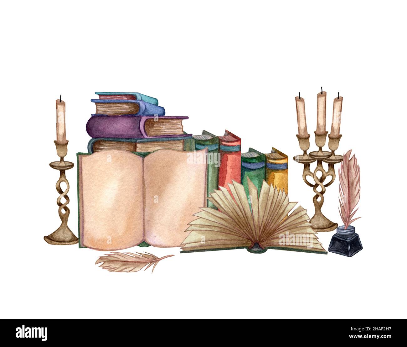 Handgezeichnete Aquarellillustration ein Stapel alter Bücher, Tintenflasche, Tintenfeder, florales offenes Buch, seltenes Papier, Kerzen. Antike Objekte. Stockfoto
